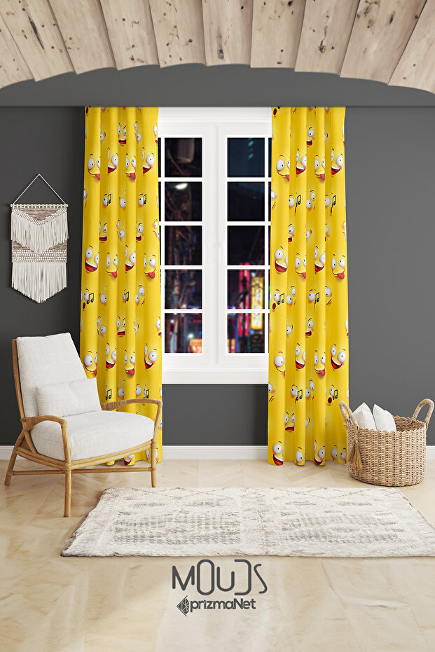 Yellow Emoji Patterned Background Curtain Youth Room Living Room Suede Printed Extrafor Drawstring 2 Sash PRD-2014
