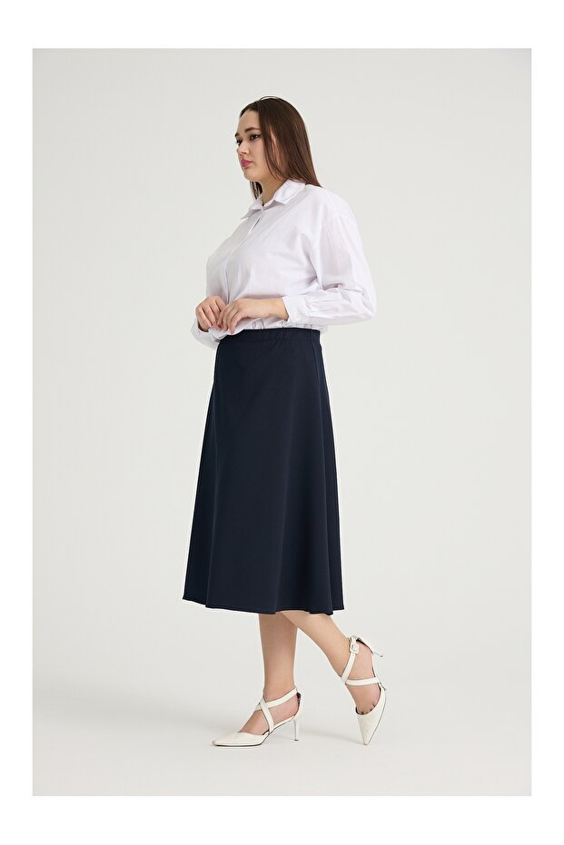 Women's Large Size Midi Flared Skirt Plain Navy G112-5