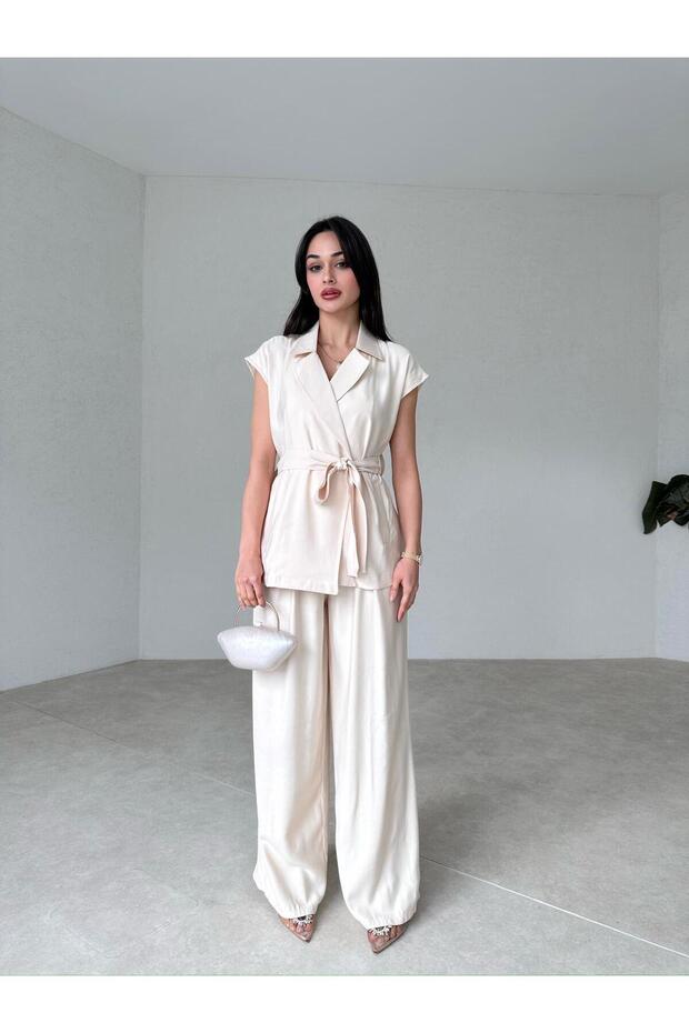 Women's Cream Belted Vest Double Set