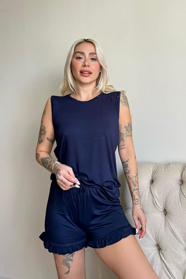 Lacivert Basic Kolsuz Askılı Şortlu Kadın Pijama Takımı - 3
