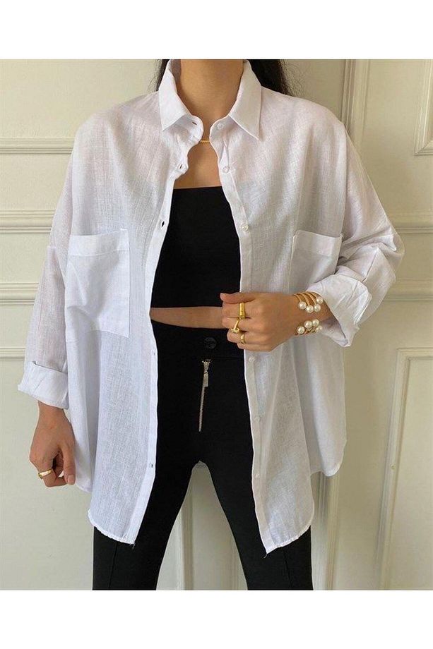 Oversize Keten Dokuma %100 Pamuk Gömlek Kg5070 - 2