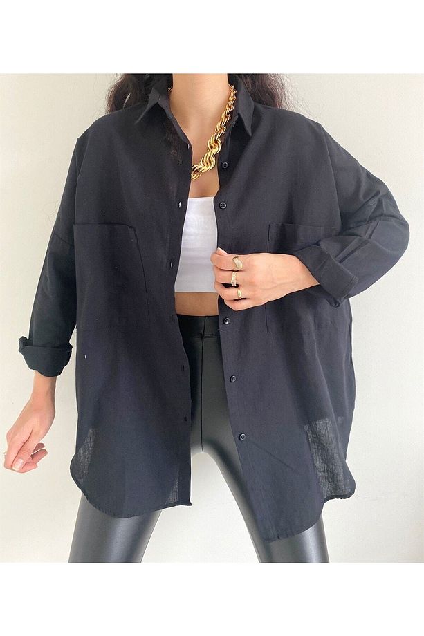Kadın Çift Cepli Oversize Keten Dokuma %100 Pamuk Gömlek - 4