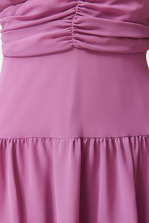 Pembe Belden Açılan Volanlı Şifon Astarlı Mini Dokuma Elbise TWOSS24EL00634 - 5
