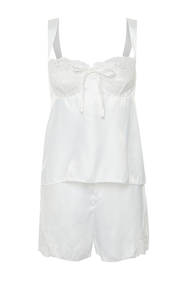 Bride/Bridal Beyaz Dantelli Kurdele/Fiyonklu Tokalı Saten Şortlu Dokuma Pijama Takımı THMSS24PT00157 - 9