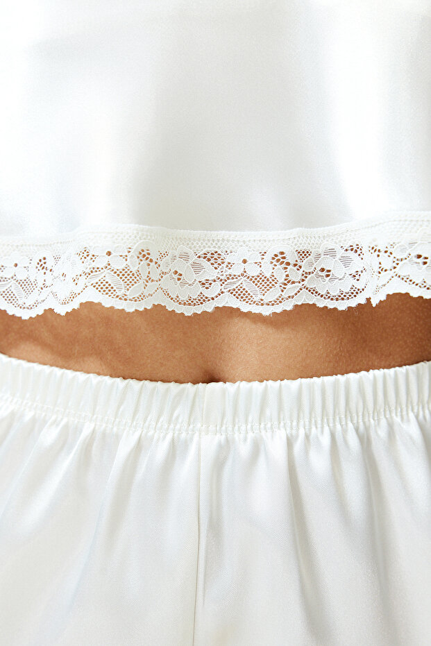 Bride/Bridal Beyaz Dantelli İp Askılı Crop Saten Şortlu Dokuma Pijama Takımı THMSS22PT0264 - 9