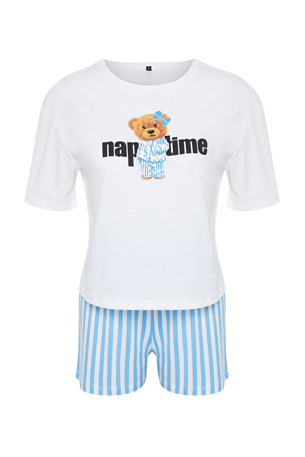 Kadın Couple/Çift Beyaz %100 Pamuklu Ayıcıklı Çizgili Şortlu Örme Pijama Takımı THMSS24PT00175 - 8