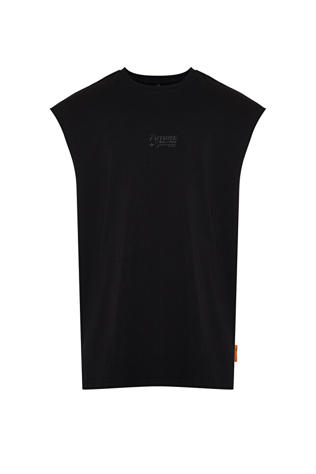 Siyah Oversize/Geniş Kesim Kabarık Yazı Baskılı Etiketli T-Shirt/Atlet TMNSS24AL00005 - 7