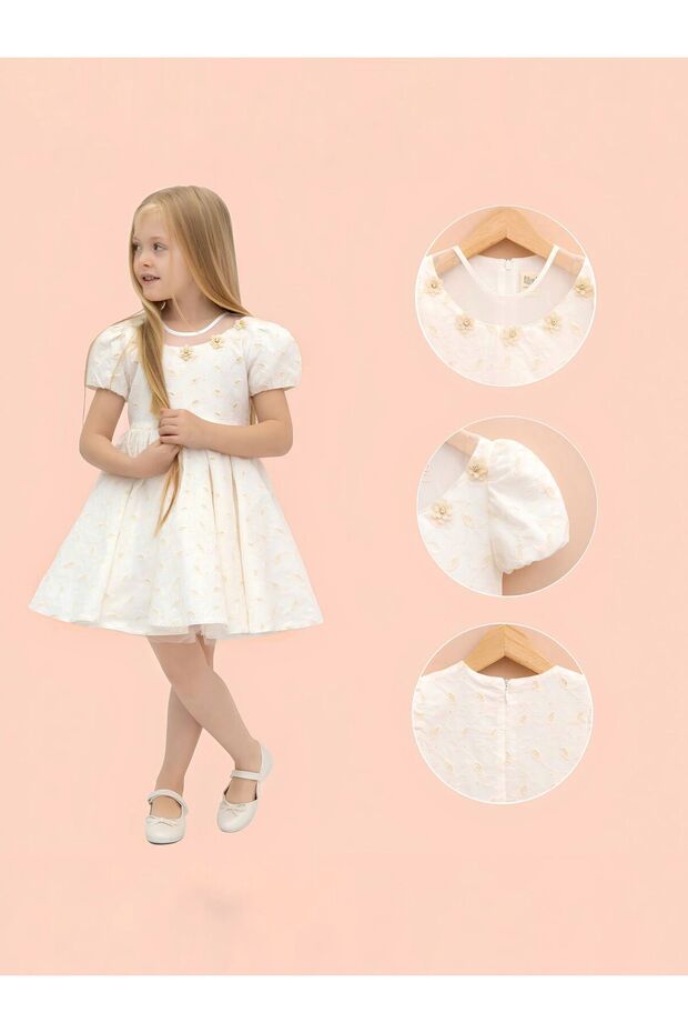 Girl's Dress Gold Leaf Patterned Elegant Girl's Dress Age 2-5