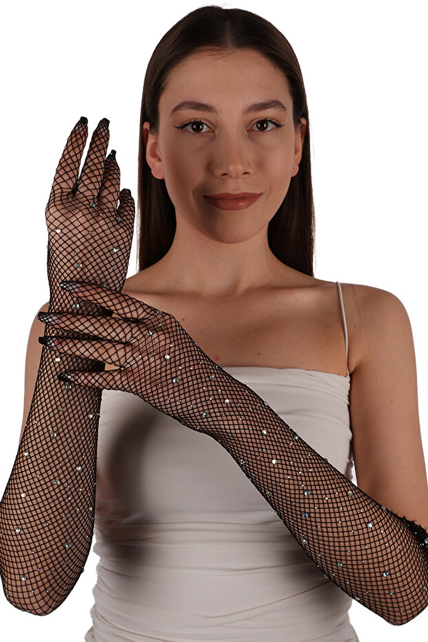 Stylish Elegant Bridal Wedding and Henna Night Gloves with Stones Black