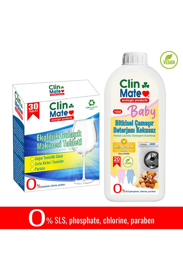 2'li set Ekolojik Bulaşık Tableti 30'lu + Bitkisel BEBEK Çamaşır Deterjanı KOKUSUZ 750 ml 20 yk - 1