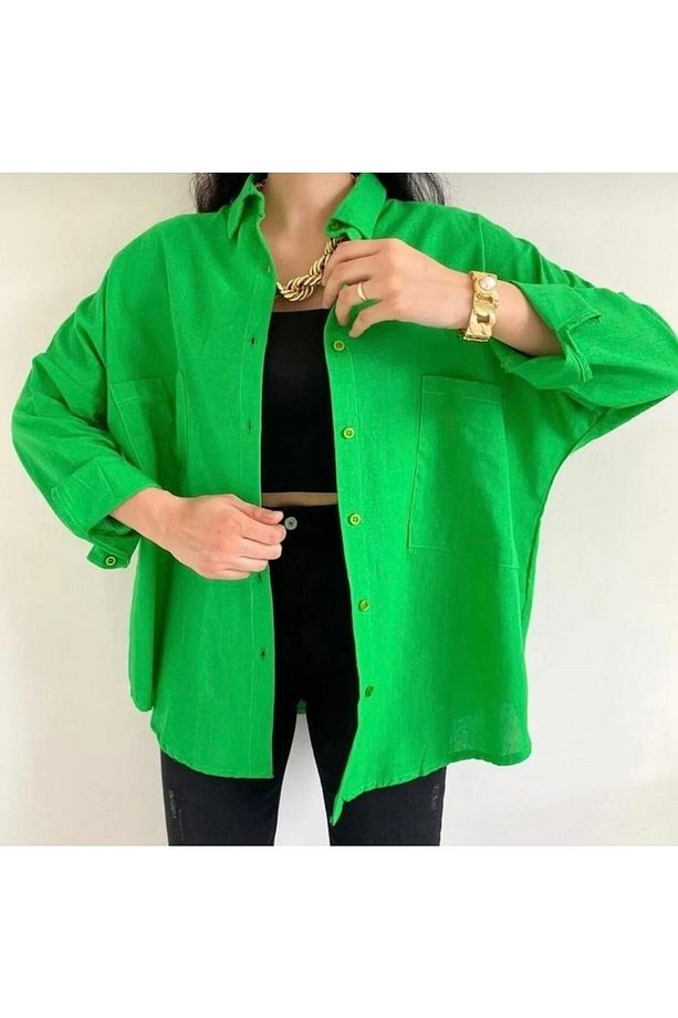 Kadın Çift Cepli Oversize Keten Dokuma %100 Pamuk Gömlek - 4