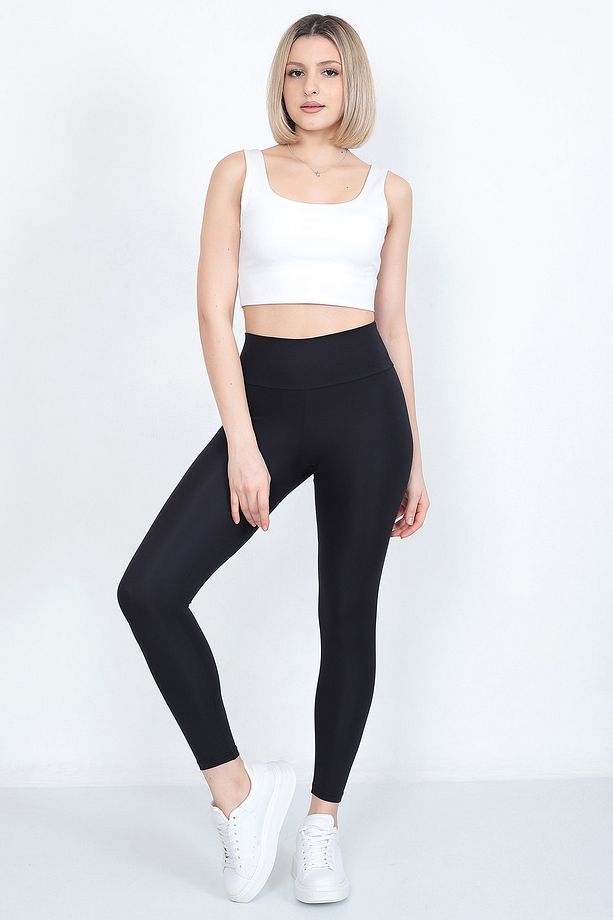 Siyah Yüksek Bel Spor Bilek Boy Tayt Soft Kumaş - 1
