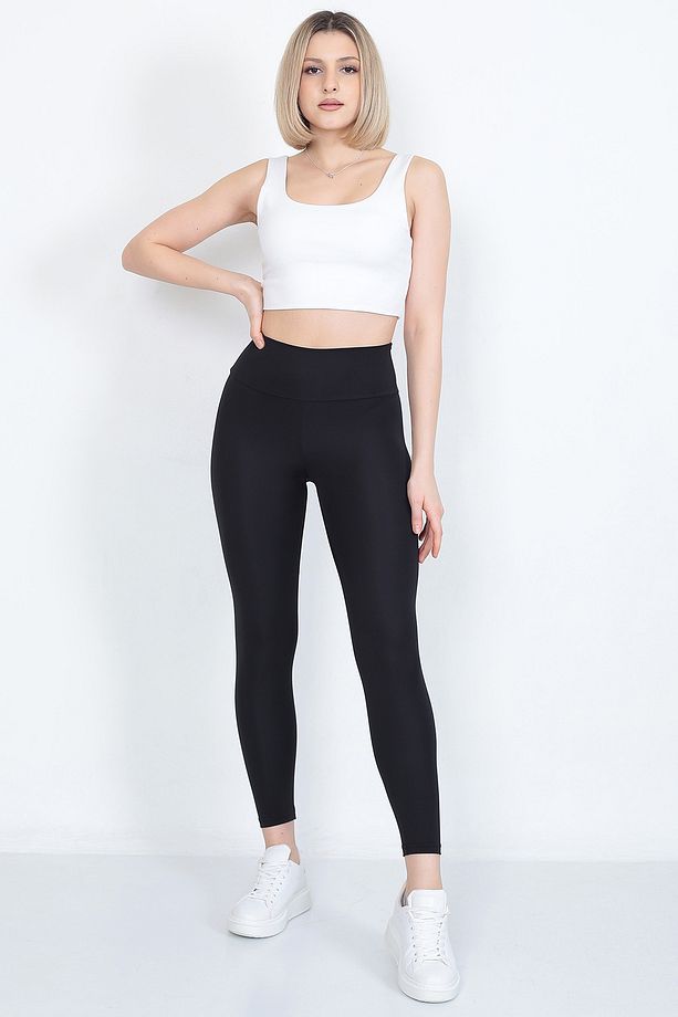 Siyah Yüksek Bel Spor Bilek Boy Tayt Soft Kumaş - 4