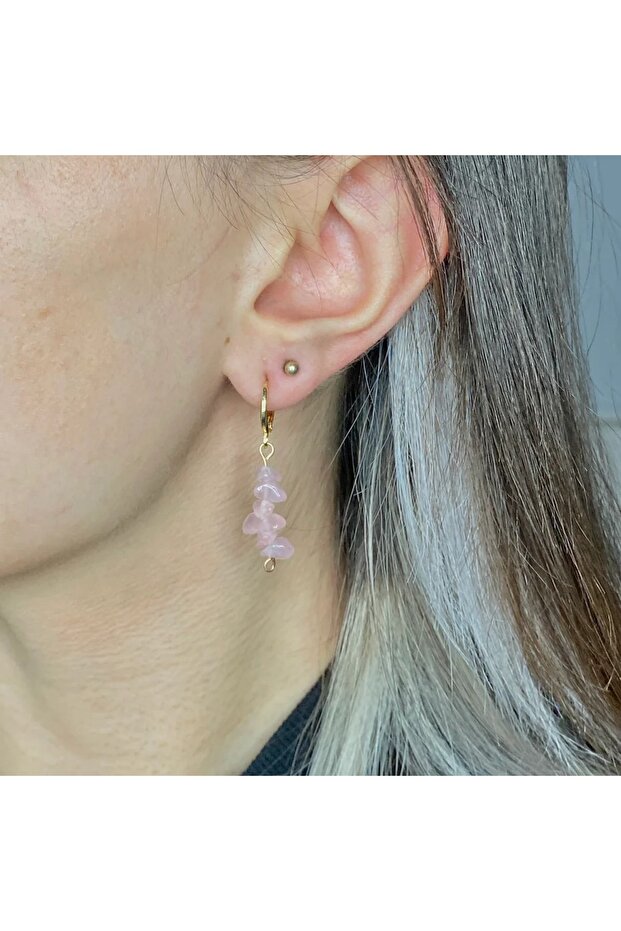 Pink Quartz Stone Natural Stone Earrings [silver color]