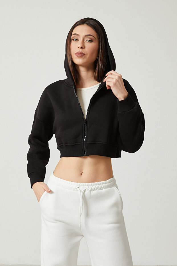 Kadın Basic Fermuarlı Kapüşonlu Crop Kalın İçi Polarlı Örme Sweatshirt - 3