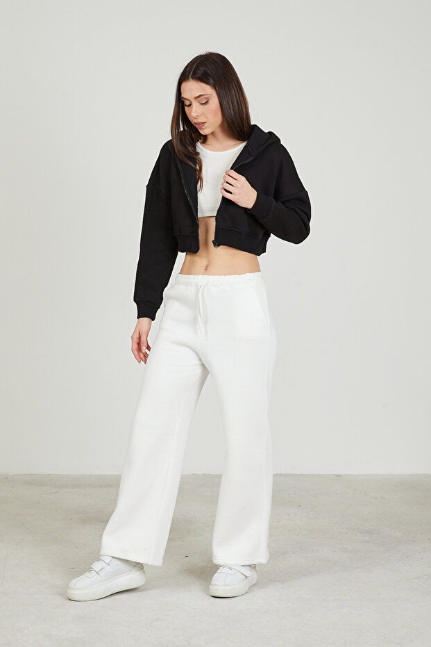Kadın Basic Fermuarlı Kapüşonlu Crop Kalın İçi Polarlı Örme Sweatshirt - 4
