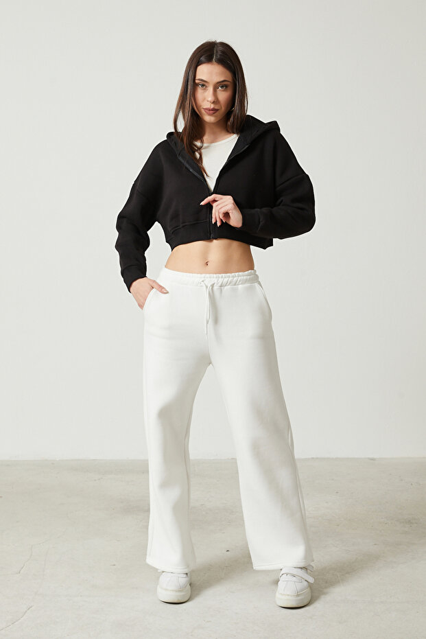 Kadın Basic Fermuarlı Kapüşonlu Crop Kalın İçi Polarlı Örme Sweatshirt - 2