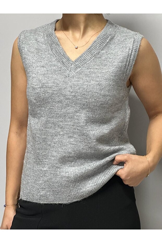 V Yaka Basic Süveter- Gri - 4