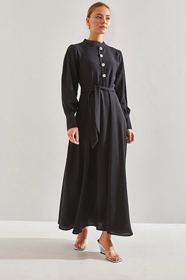 Modest Kadın Yakası ve Kolları Taş Düğmeli Tesettür Elbise 60151011 - 3