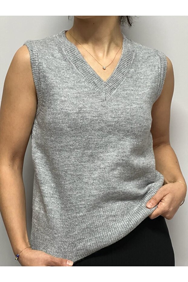 V Yaka Basic Süveter- Gri - 2