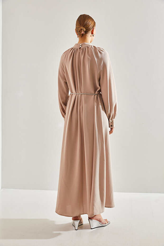 Modest Kadın Önü Düğme Desenli Kuşaklı Tesettür Elbise 60151012 - 2