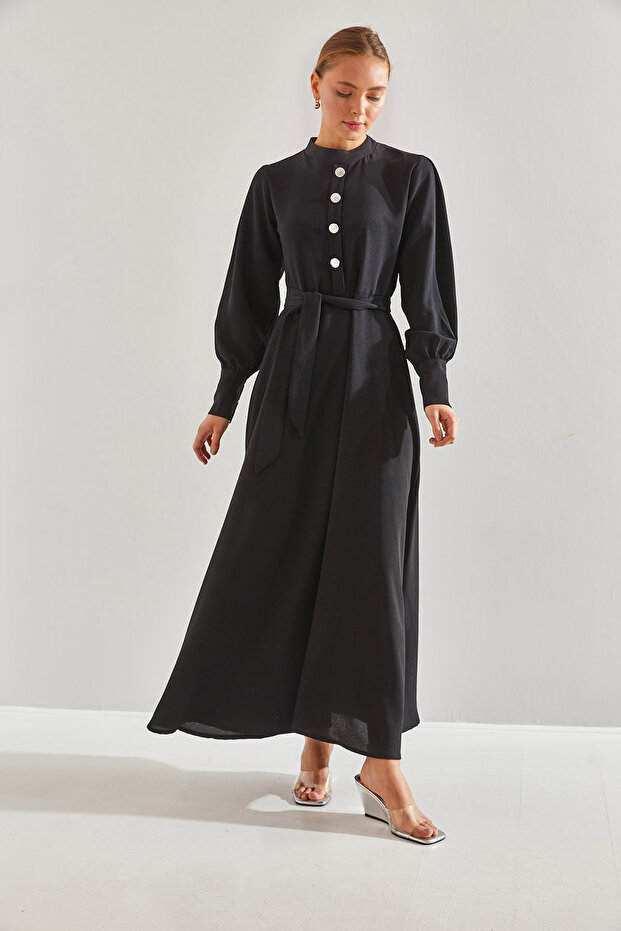 Modest Kadın Yakası ve Kolları Taş Düğmeli Tesettür Elbise 60151011 - 4