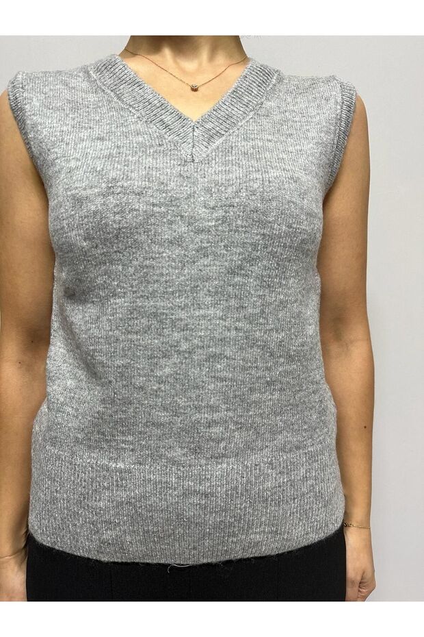 V Yaka Basic Süveter- Gri - 5