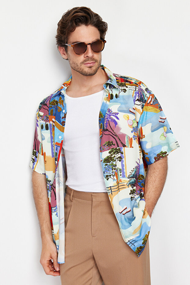 Çok Renkli Oversize Fit %100 Viskon Baskılı Kısa Kollu Salaş Yazlık Gömlek TMNSS24GO00056 - 3