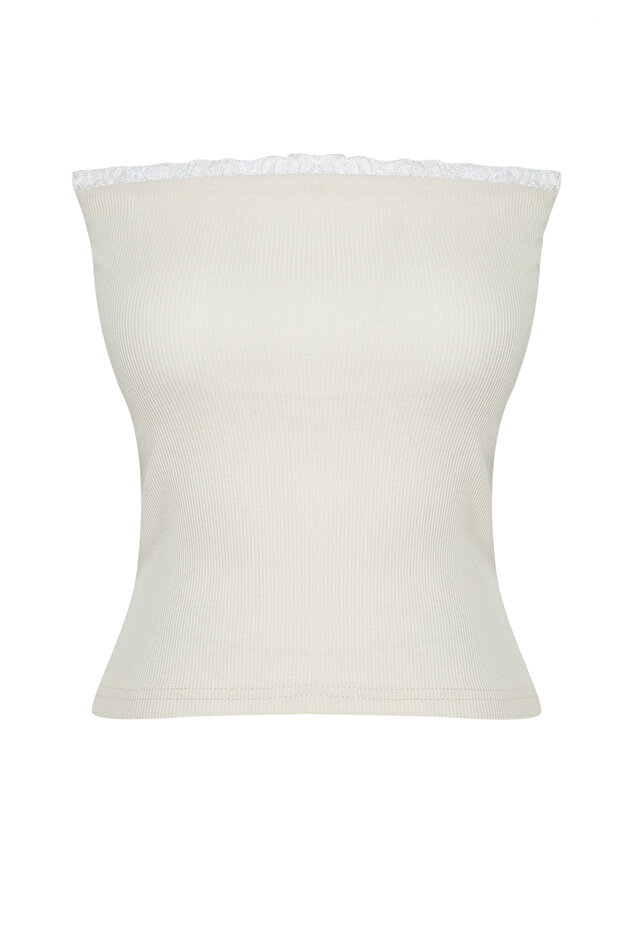 Taş Fitilli Straplez Yaka Dokuma Garnili Vücuda Oturan Pamuklu Esnek Crop Örme Bluz TWOSS24BZ00361 - 7