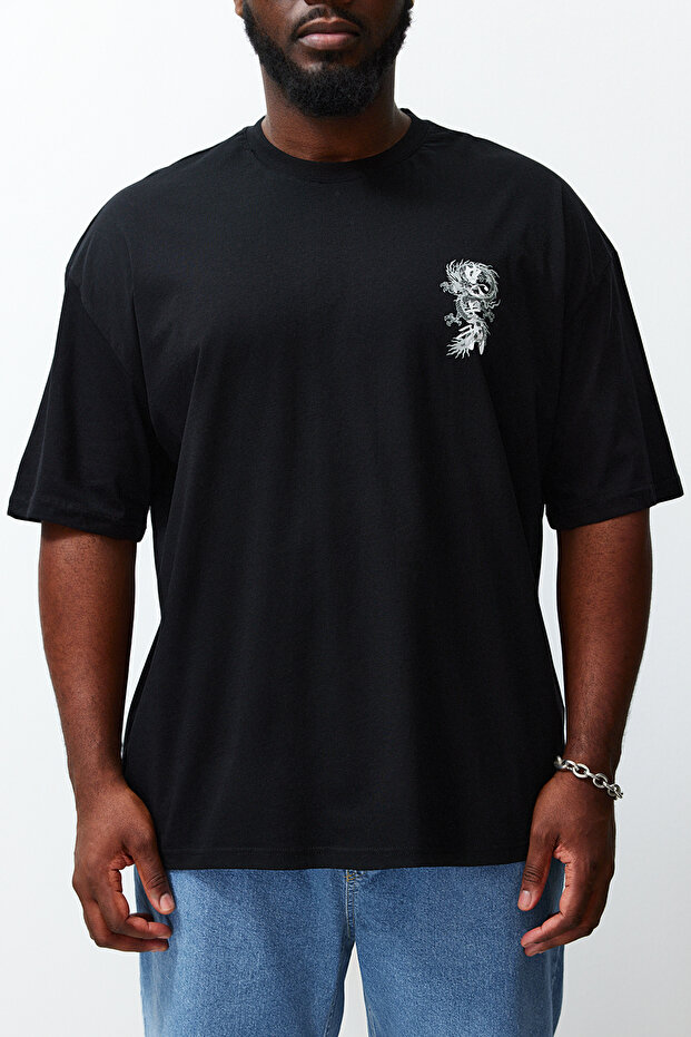 Büyük Beden Siyah Oversize/Geniş Kesim Uzak Doğu Baskılı %100 Pamuk T-shirt TMNSS24BF00032 - 5