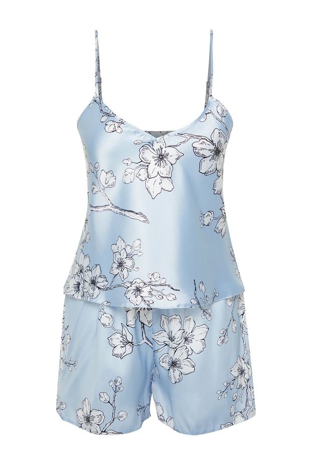 Mavi-Çok Renkli Çiçekli İp Askılı Saten Şortlu Dokuma Pijama Takımı THMSS24PT00159 - 7