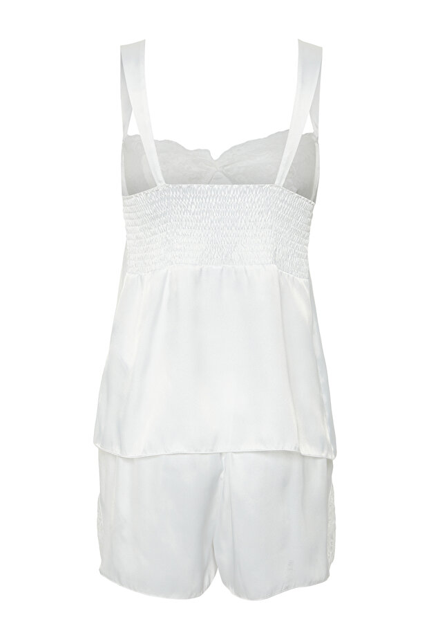 Bride/Bridal Beyaz Dantelli Kurdele/Fiyonklu Tokalı Saten Şortlu Dokuma Pijama Takımı THMSS24PT00157 - 11