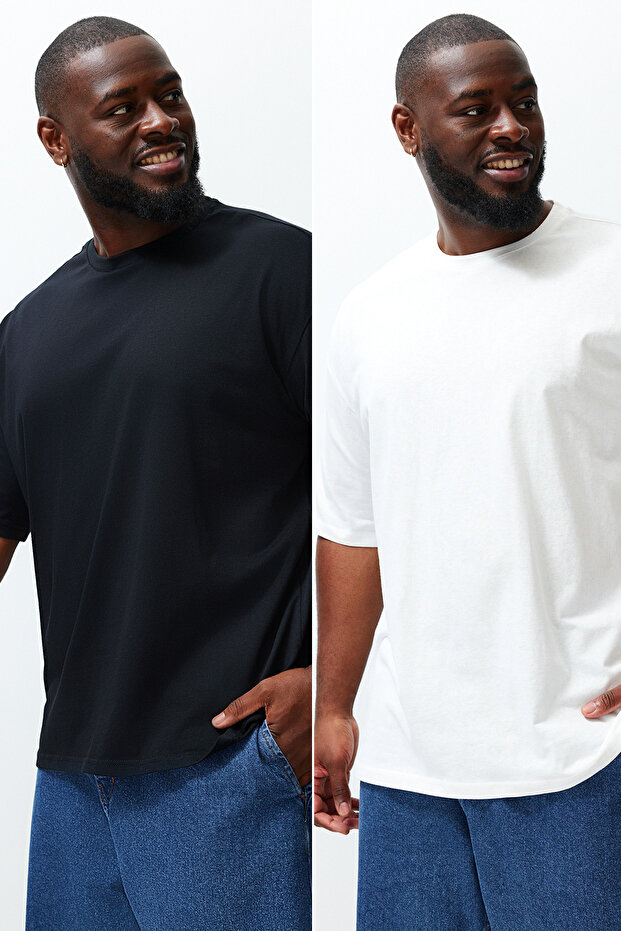 Büyük Beden Siyah-Ekru Oversize 2'li Paket %100 Pamuklu T-Shirt TMNSS24BF00042 - 1