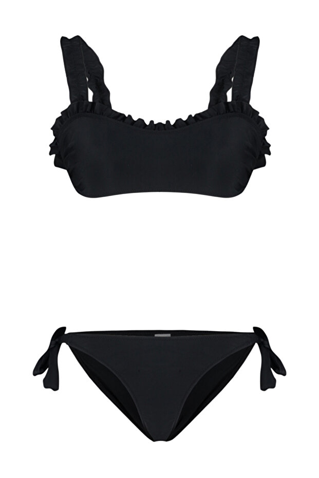 Siyah Fırfırlı Bralette Kaplı Regular Normal Bel Bikini Takımı TBESS24BT00101 - 6