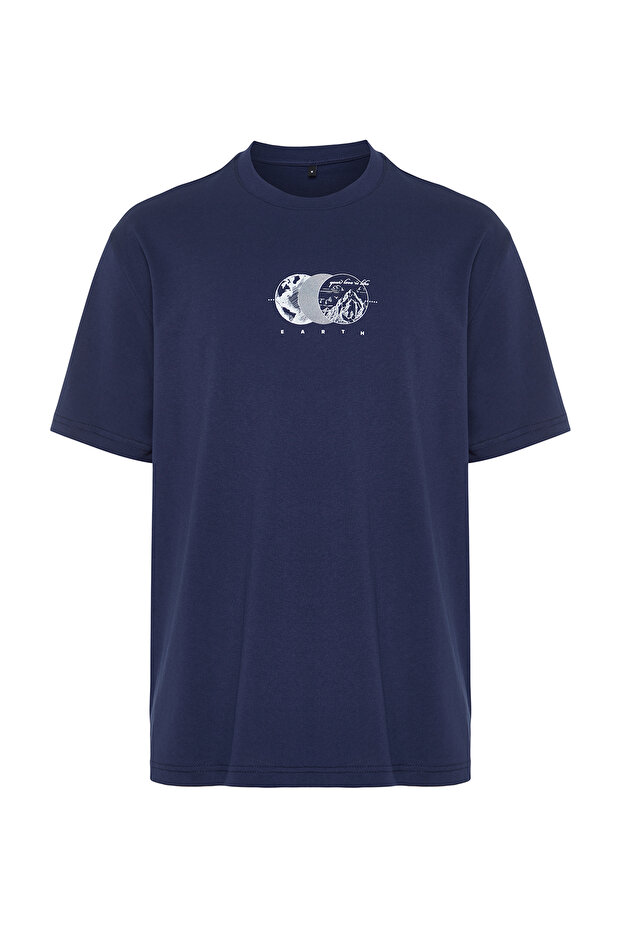 Lacivert Oversize/Geniş Kesim Baskılı %100 Pamuklu T-Shirt TMNSS23TS00261 - 7