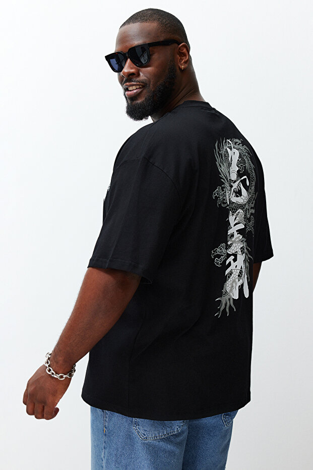 Büyük Beden Siyah Oversize/Geniş Kesim Uzak Doğu Baskılı %100 Pamuk T-shirt TMNSS24BF00032 - 3