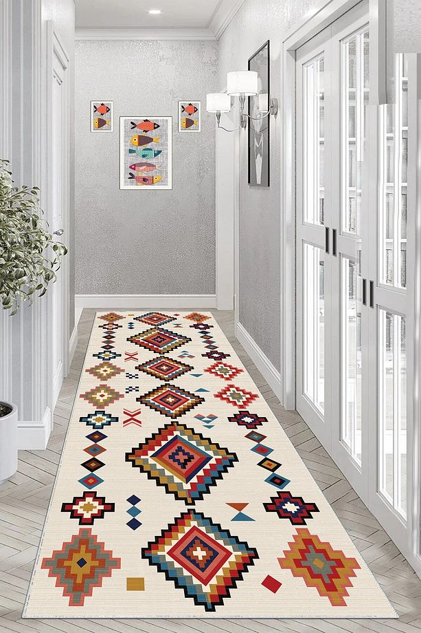 Kilim Desenli Etnik Dijital Baskı Yıkanabilir Kaymaz Taban Eskitme Salon Halı ve Yolluk - 4