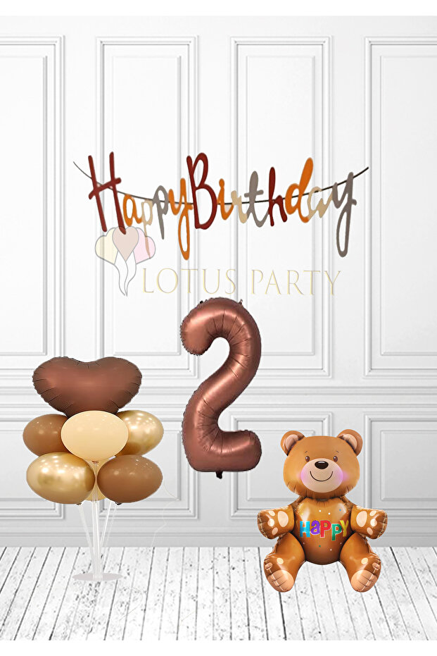 Cute Teddy Bear Birth Set - Brown Teddy Bear, Brown Number Foil Balloon, Brown Heart, Age 2
