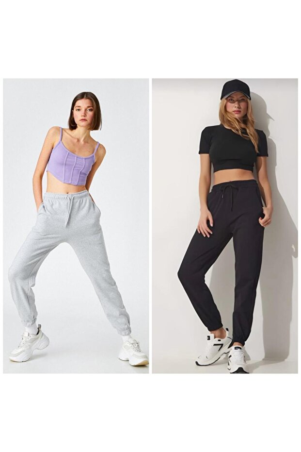 2-Piece Jogger Sweatpants Black and Gray Rubber Leg High Waist