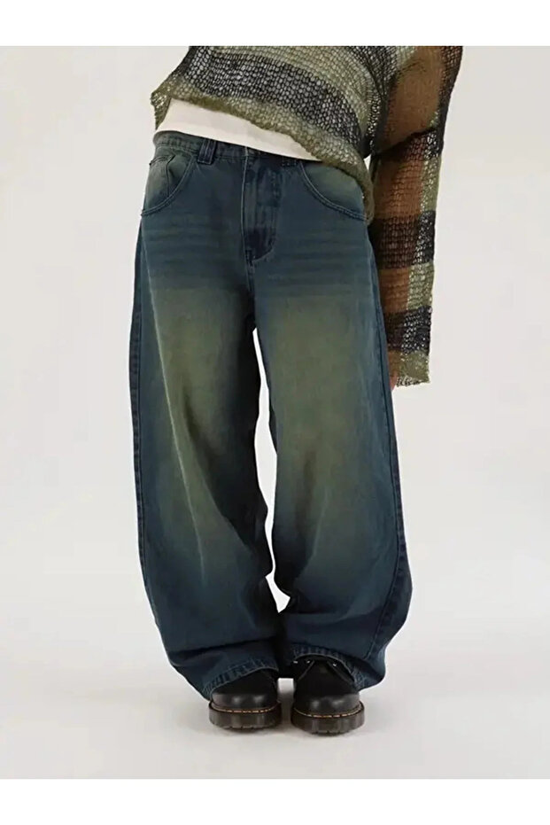 Green Washed Baggy Jean Unisex Oversize Straight Fit Trousers