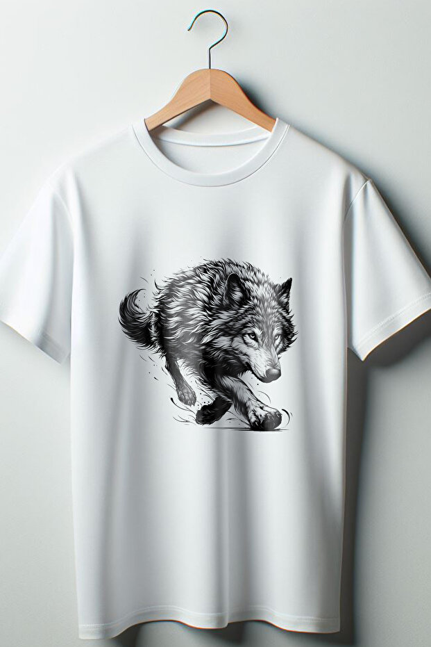 Wolf Printed Printed White Oversize T-Shirt