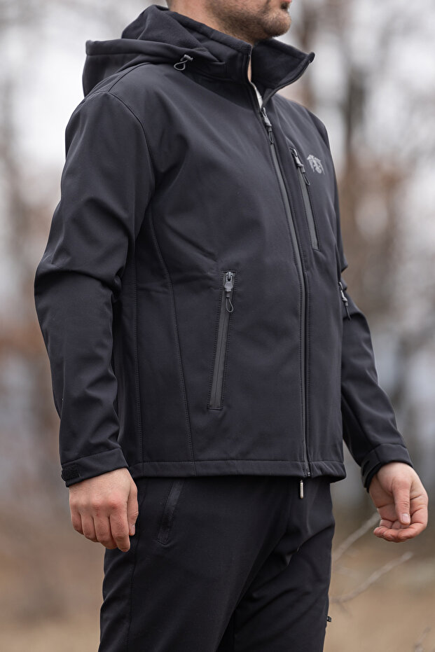 Siyah Kapüşonlu Softshell Mont - 2