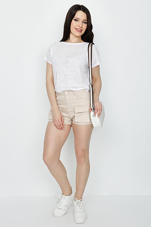 Kadın Kargo Cepli Denim Mini Şort - 1