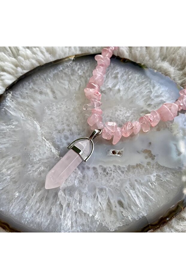 Pink Quartz Stone Broken Stone Necklace with Nail Cut End