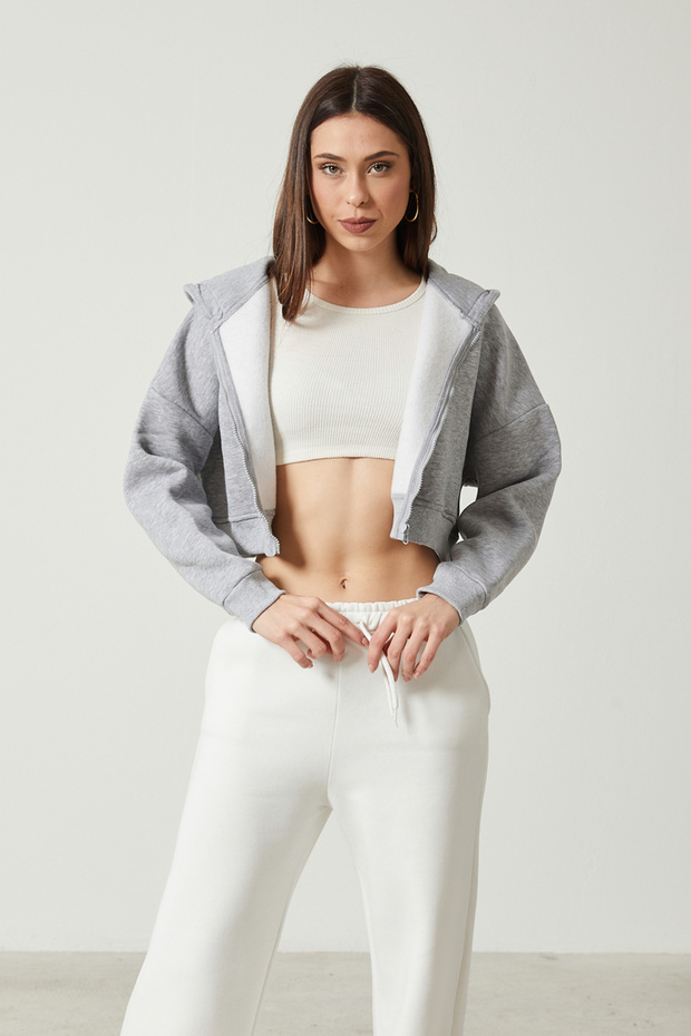 Kadın Basic Fermuarlı Kapüşonlu Crop Kalın İçi Polarlı Örme Sweatshirt - 1