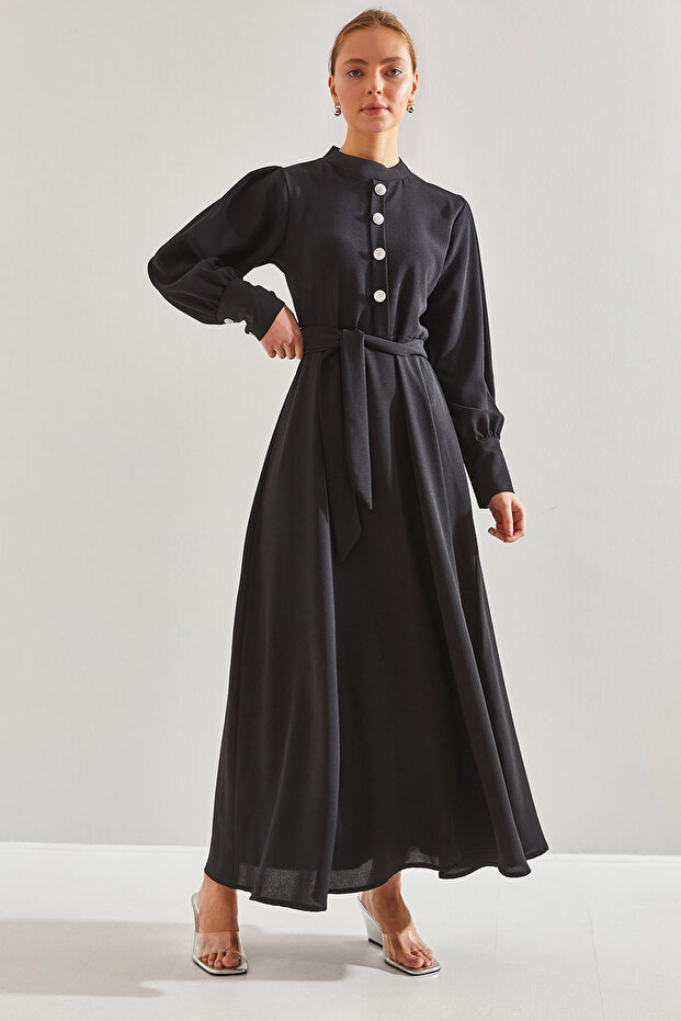 Modest Kadın Yakası ve Kolları Taş Düğmeli Tesettür Elbise 60151011 - 1