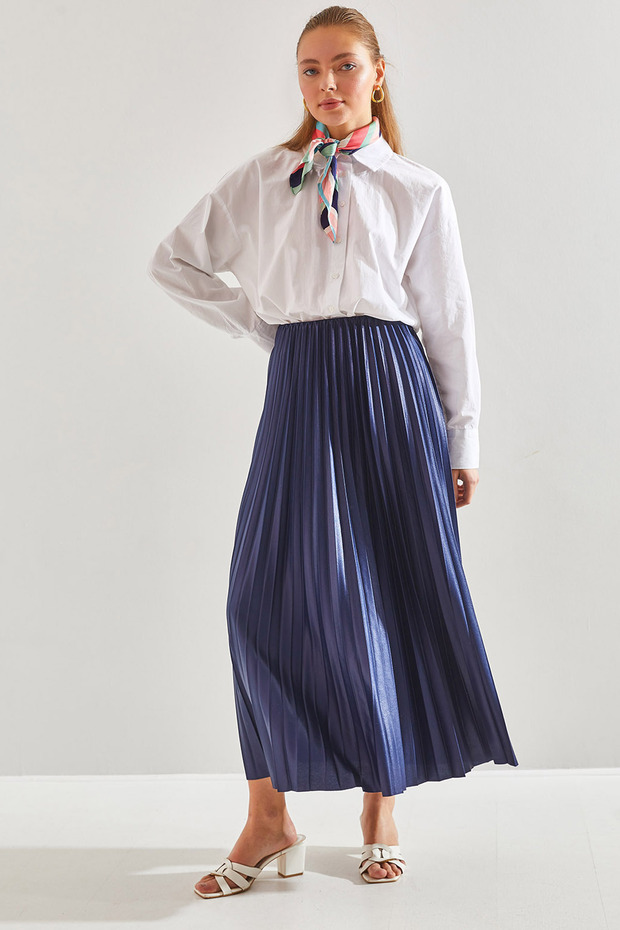 Women's Navy Blue Elastic Waist Flared Skirt 60151019