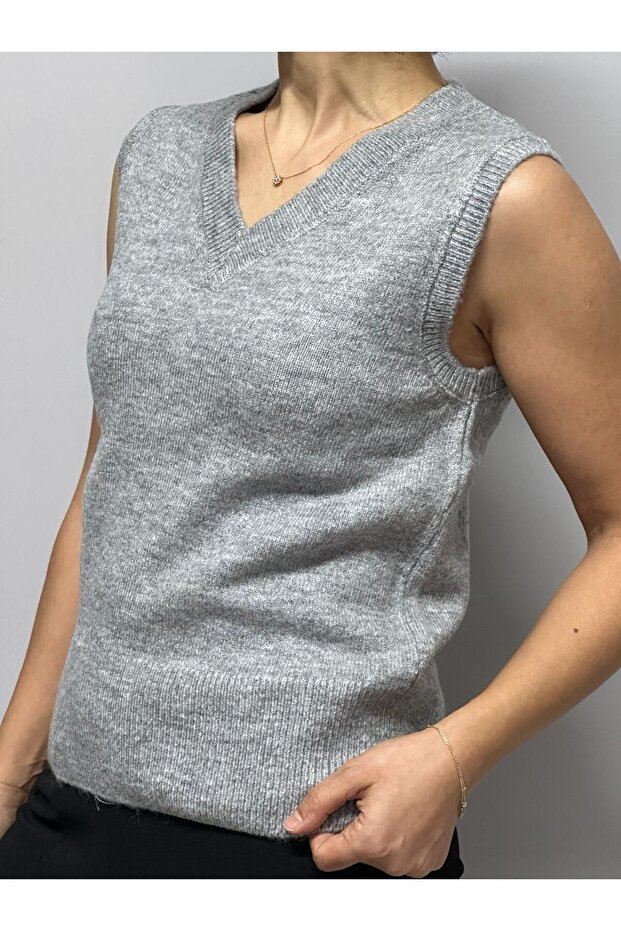 V Yaka Basic Süveter- Gri - 1