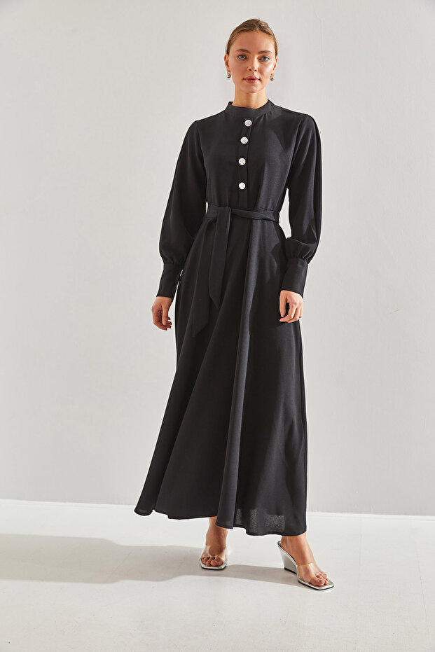 Modest Kadın Yakası ve Kolları Taş Düğmeli Tesettür Elbise 60151011 - 6