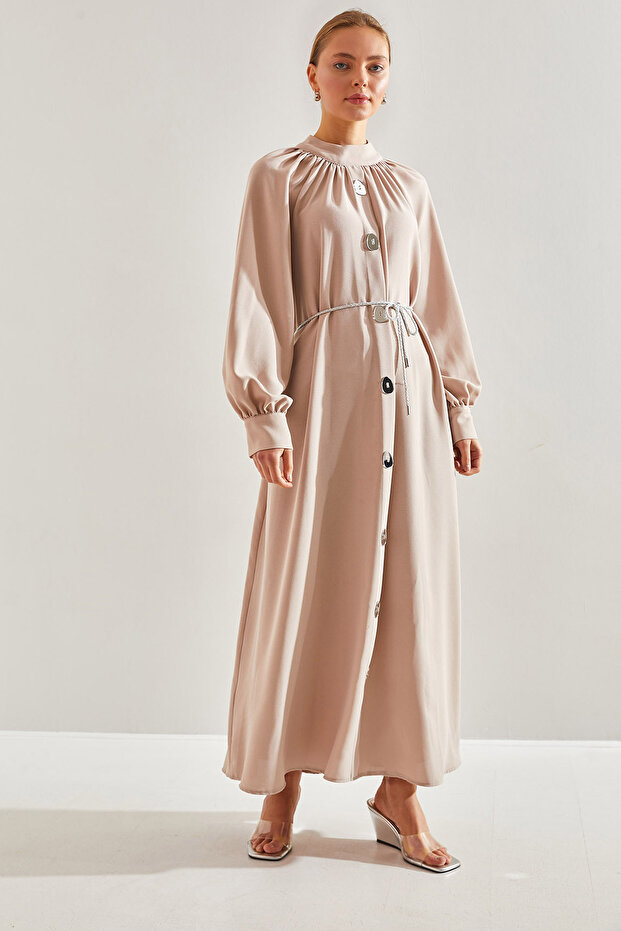 Modest Kadın Önü Düğme Desenli Kuşaklı Tesettür Elbise 60151012 - 3